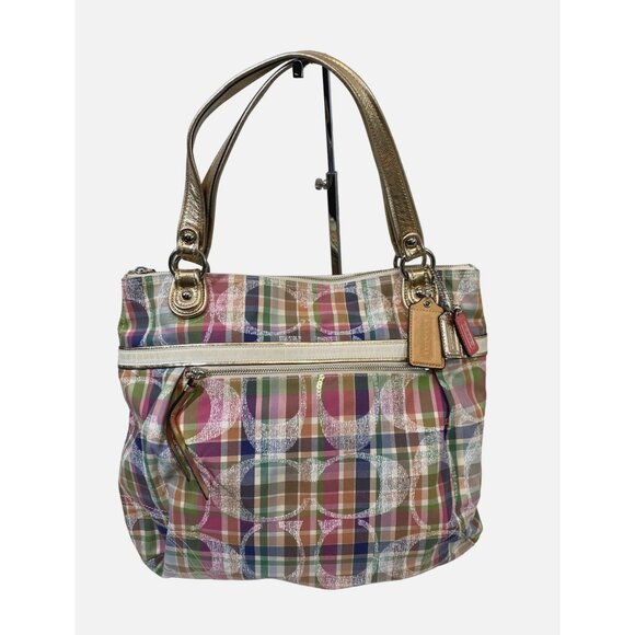 Coach Handbags - COACH Tote Shoulder Bag Poppy Multi Madras Signature Pastel Plaid Sequins
